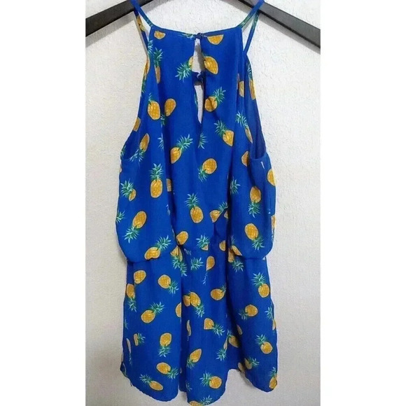 As You Wish Pineapple Shorts Jumper Royal Blue Romper Keyhole Back Size Small - Picture 2 of 6